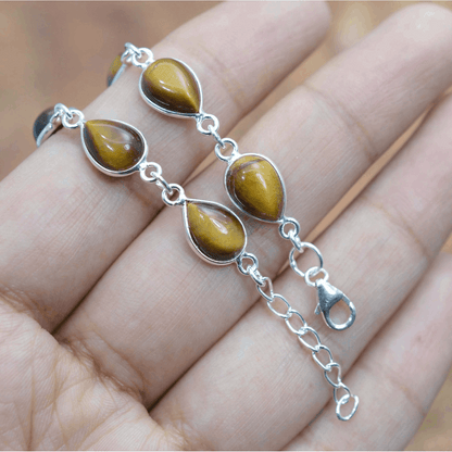 925 Sterling Silver Natural Gemstone Adjustable Bracelet ~ Teardrop Link Bracelet ~ Simple Elegant Jewelry
