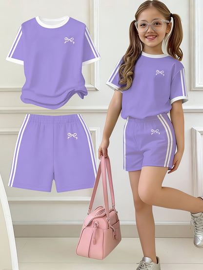 2pcs Set, Easy Bow Print Short Sleeve T-Shirt And Shorts Set, Star Style, Suitable for Spring And Summer, Back-To-School Outfit, Y2K Fashion, Campus Activities, Comfortable Casual, Fashionable And Playful, Hippie Style, Retro Sweet American Style