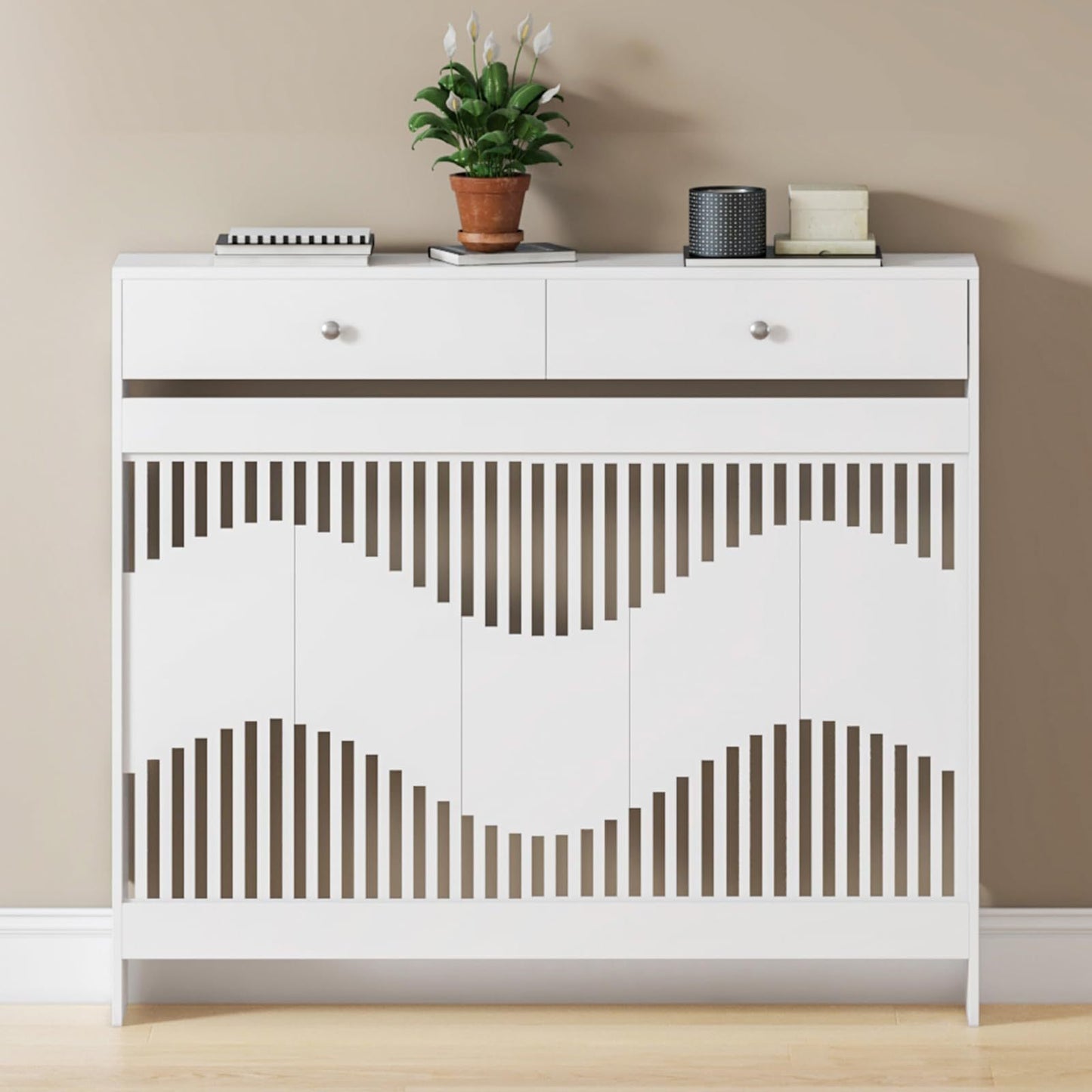 Modern White MDF Wood Radiator Cover with Drawers - Contemporary Style, Great Choice for Living Room, Bedroom, Hallway, Suitable for Placing Decorative Items and Storing Small Objects.