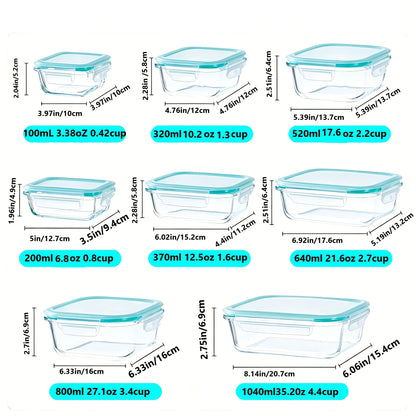 Glass Refrigerator Storage Box16pcs (8 Containers +8 LIDS), Food Storage Container, Crisper with Leak-proof Lock Lid - for Microwave, Lunch Box, Refrigerator, Party, Camping, Wedding - for Meals, Snacks, Fruits, Vegetables, Fitness Meals, Meat