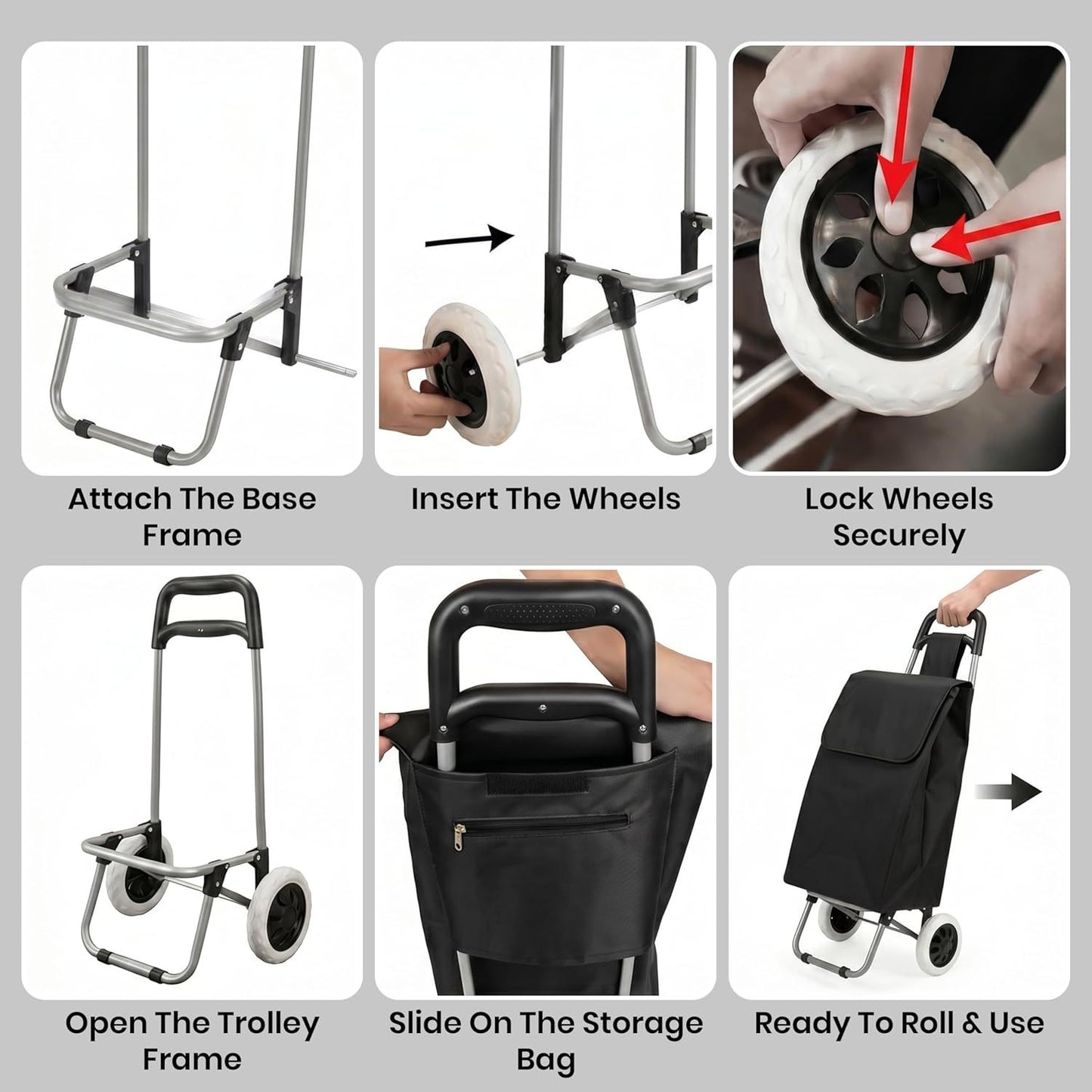 59L Folding Shopping Trolley on Wheels, Lightweight Foldable Grocery Cart with Large Waterproof Bag & Zipped Pocket for Grocery Shopping, Travel & Camping (Black)