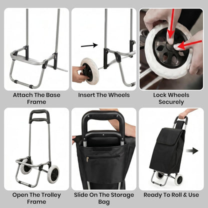 59L Folding Shopping Trolley on Wheels, Lightweight Foldable Grocery Cart with Large Waterproof Bag & Zipped Pocket for Grocery Shopping, Travel & Camping (Black)