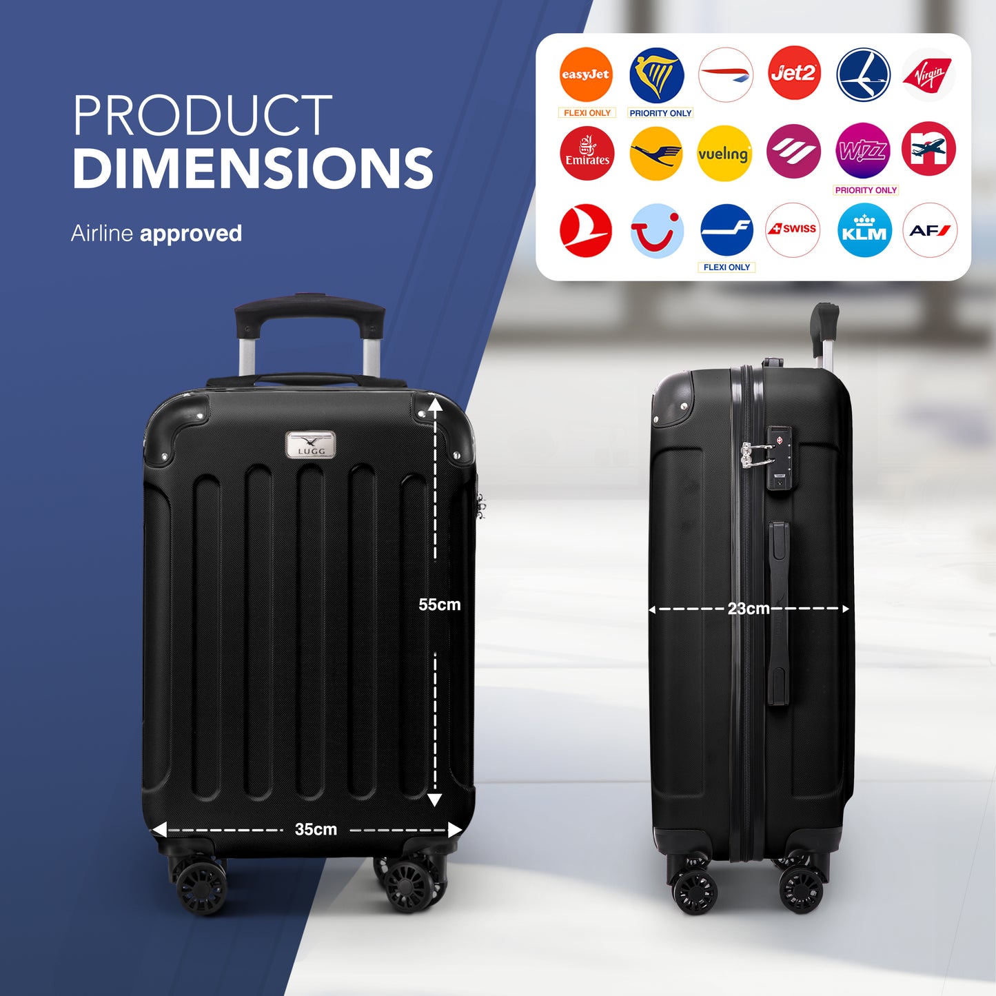 LUGG 55x35x23cm Skywander Lightweight Travel Cabin Bag Carry On Approved Suitcase ABS Shell Protection Water Resistant & Safe Locking System Easyjet Overhead Compliant (20inch)