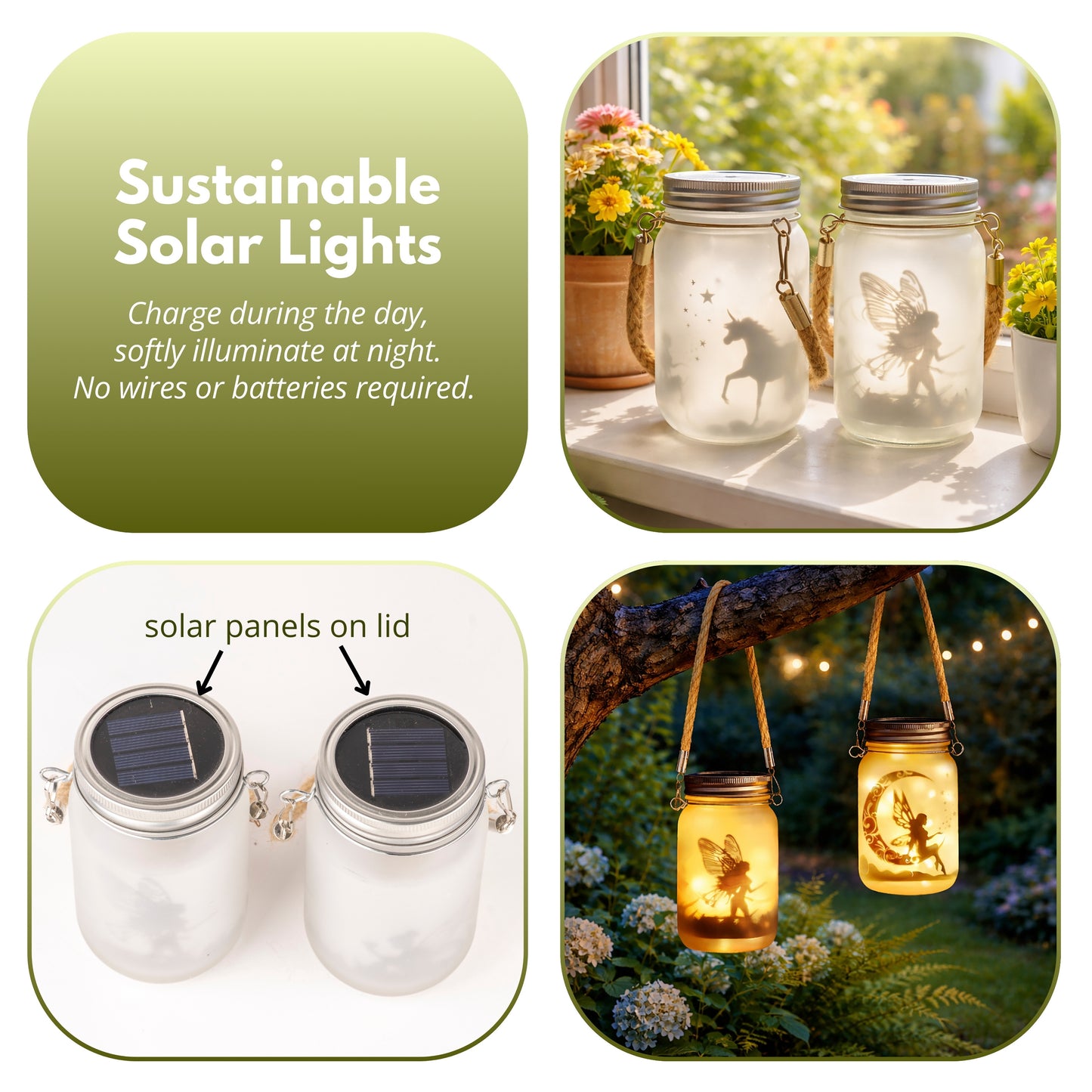 Garden Mile Solar Fairy Jar Lights Set of 2 – Hanging Solar Lantern Mason Jar Lights with Fairy Silhouette Designs, Outdoor Garden Solar Lights with Rope Handle, Decorative Fairy Garden Lanterns, 13cm