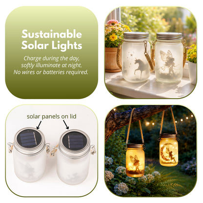 Garden Mile Solar Fairy Jar Lights Set of 2 – Hanging Solar Lantern Mason Jar Lights with Fairy Silhouette Designs, Outdoor Garden Solar Lights with Rope Handle, Decorative Fairy Garden Lanterns, 13cm