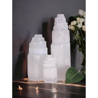 Selenite Mountain Pillars Handmade White Natural Raw Crystal Tower Healing Energy Mineral Meditation Charging Selenite Crystal Table Decorative Pillar Chakra Spiritual Gift Decorative