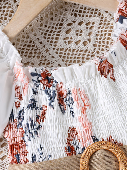 White Waist-Cinching Print Short-Sleeve Round-Neck Casual Dress for Girls