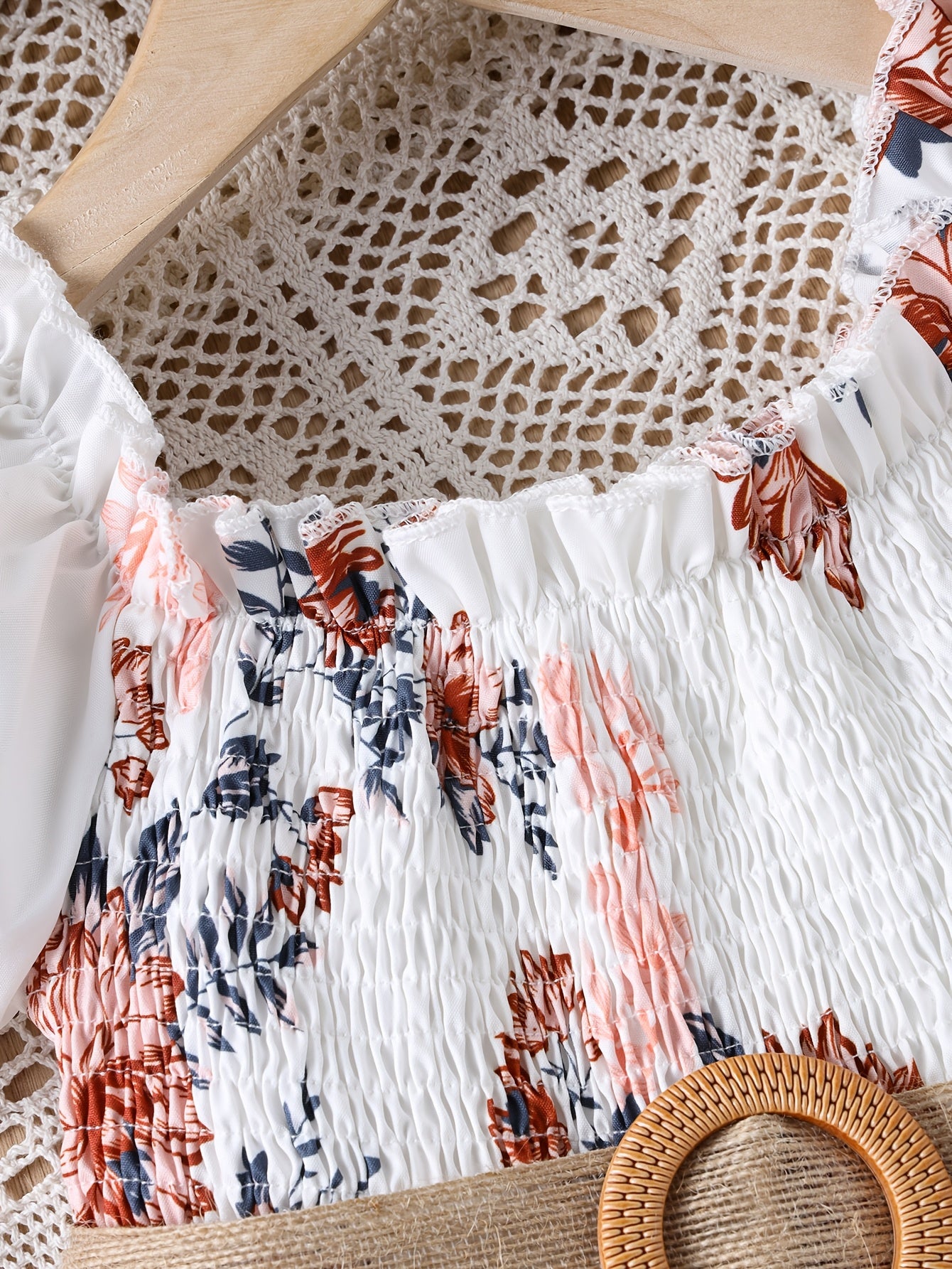 White Waist-Cinching Print Short-Sleeve Round-Neck Casual Dress for Girls