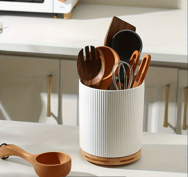 360° Rotating Ceramic Kitchen Organizer with Detachable Bamboo Base – Space-Saving Utensil Holder for Countertops, Perfect for Cooking Tools, Flower Vases, and Whisky Glasses, Kitchen Accessories