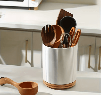 360° Rotating Ceramic Kitchen Organizer with Detachable Bamboo Base – Space-Saving Utensil Holder for Countertops, Perfect for Cooking Tools, Flower Vases, and Whisky Glasses, Kitchen Accessories