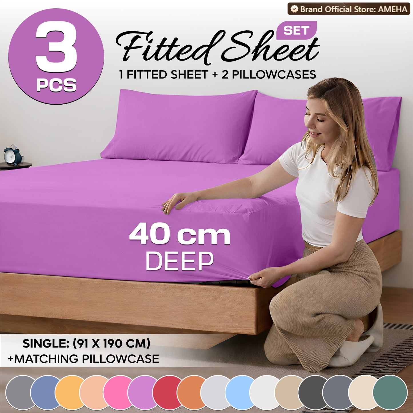 3pcs 40cm Extra Deep Fitted Sheet – Solid Color Soft & Comfortable Bed Sheet with 2pcs Matching Pillowcases, Breathable Fabric Soft Brushed Microfiber Bedding, Machine Washable for Home Bedroom, Hotel