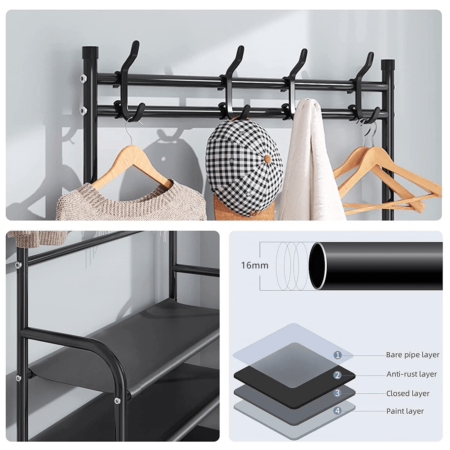 1pc Black Coat Rack Shoe Storage 5 Tiers Metal Stand 8 Hooks Shelves 80Cm Widen for Living Room Bathroom Hallway Office Xmas Gift