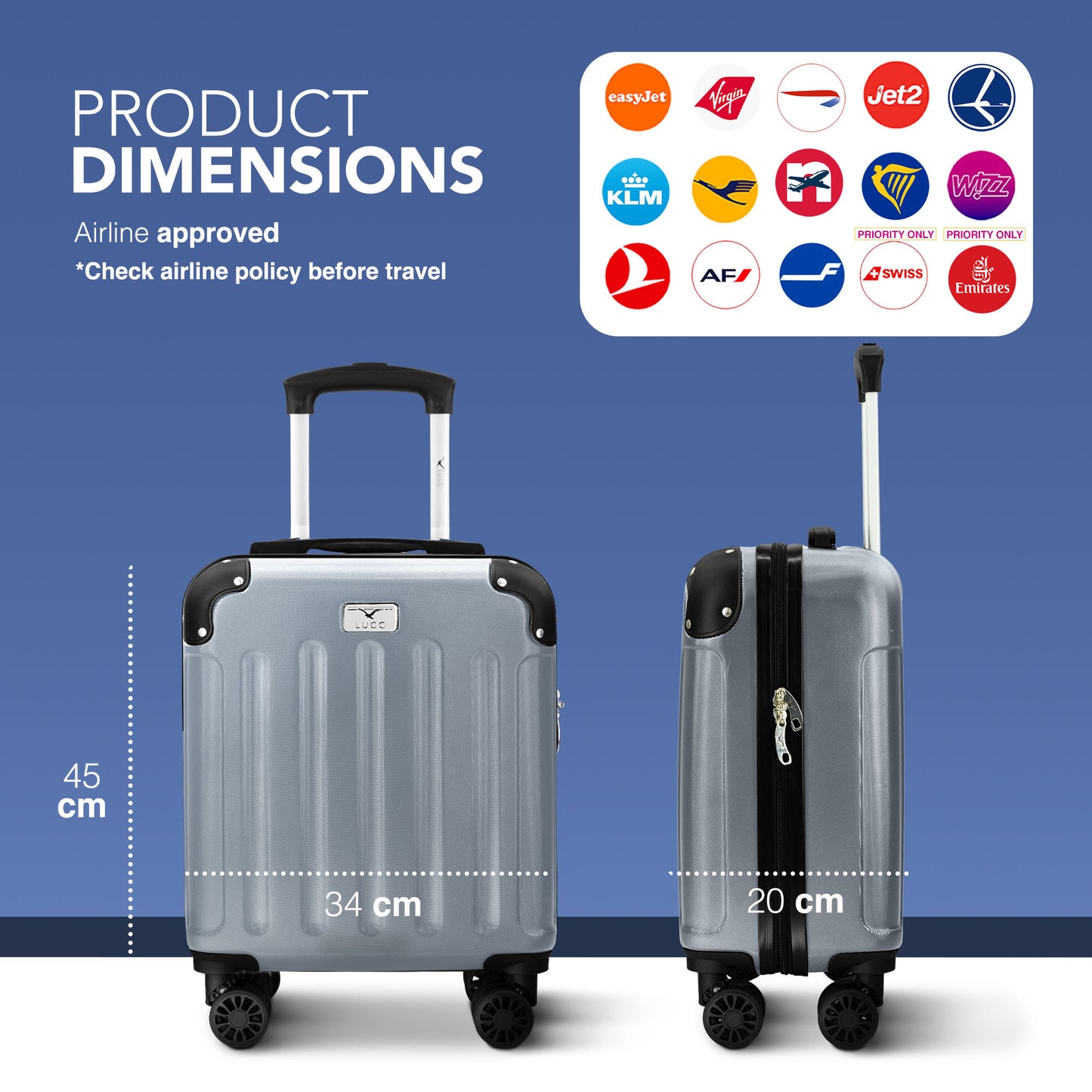 LUGG Skywander 15 Inch (45x34x20cm) Lightweight Underseat Cabin Bag EasyJet Approved Carry-On Suitcase, Durable ABS Hard Shell, Smooth Double Spinner Wheels, Water Resistant & Compact Travel Luggage (45x34x20cm)