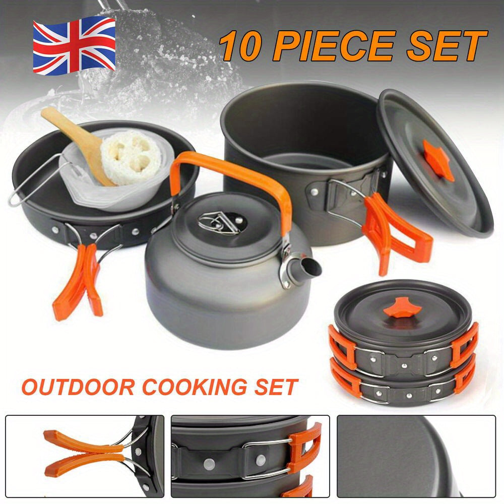 10PCS Portable Camping Cooking Cookware Set Anodised Aluminium Pots Pans Kettle, Durable Camping Cookware Kit With Accessories