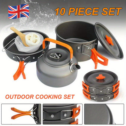 10PCS Portable Camping Cooking Cookware Set Anodised Aluminium Pots Pans Kettle, Durable Camping Cookware Kit With Accessories