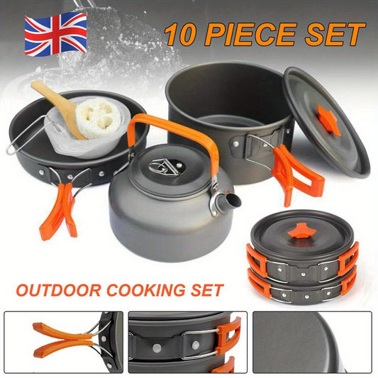 10PCS Portable Camping Cooking Cookware Set Anodised Aluminium Pots Pans Kettle, Durable Camping Cookware Kit With Accessories