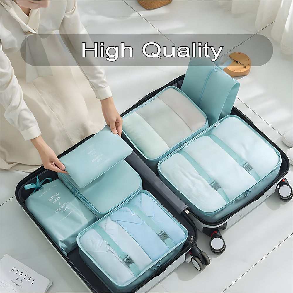 Packing Cubes Set of 7 for Suitcase – Travel Organiser Bags for Clothes, Shoes, Toiletries & Accessories, Oxford Fabric Luggage Sorting Pouches for Holiday & Business Travel in Grey, Pink, Blue & Beige