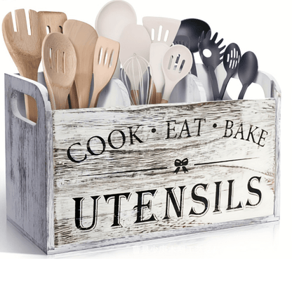 Kitchen Utensil Holder with 3 Compartments, Organizer with 3 Compartment and, Farmhouse Utensil Organiser Cutlery Caddy, Cooking Tools Storage for Countertop (white)