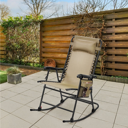 Costoffs Patio Chair Foldable Rocking Chair, Outdoor Lounge Chair with Headrest Pillow for Outdoor Use Only, Napping or Sunbathing, Black/Beige/Navy Blue Outdoor Use Only