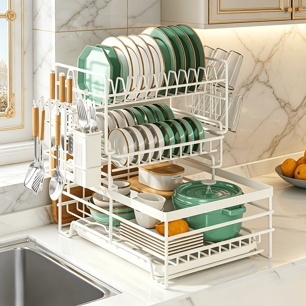 1pc 3 Tier Dish Drainer Rack for Kitchen Counter, Space Saving Dish Rack Large Capacity Drying Rack with Utensil Holder, Cutting Board Holder, Cup Holder And Draining Board