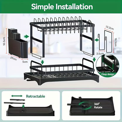 2 Tier Dish Drainer Rack for Kitchen Counter - Space-Saving Dish Rack with Utensil Holder and Cutting Board Holder Large Capacity Drying Rack with Draining Board, Black