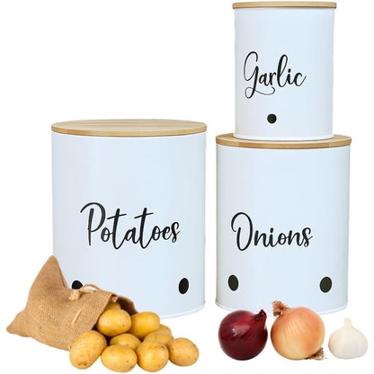 Trendi 3-Pack Stackable Vegetable Storage Tins – White Round Metal Canisters for Potato, Onion & Garlic – Kitchen Pantry Jars with Lids & Air Vents