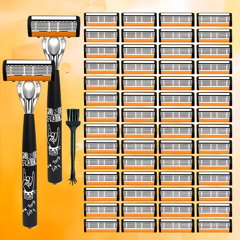 Hip-Hop Style Men'S Manual Razor with Orange And White Blade Color Scheme, Featuring Six Ultra-Sharp Blades. Each Set Includes 2 Premium Handles And 36 Replacement Blade Cartridges, Comes with a Cleaning Brush for Easy Maintenance And Repeated Use