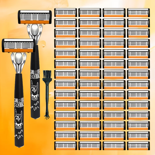 Hip-Hop Style Men'S Manual Razor with Orange And White Blade Color Scheme, Featuring Six Ultra-Sharp Blades. Each Set Includes 2 Premium Handles And 36 Replacement Blade Cartridges, Comes with a Cleaning Brush for Easy Maintenance And Repeated Use