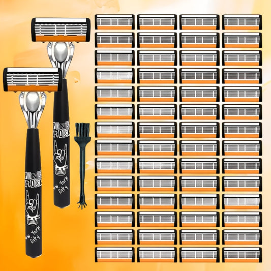 Hip-Hop Style Men'S Manual Razor with Orange And White Blade Color Scheme, Featuring Six Ultra-Sharp Blades. Each Set Includes 2 Premium Handles And 36 Replacement Blade Cartridges, Comes with a Cleaning Brush for Easy Maintenance And Repeated Use