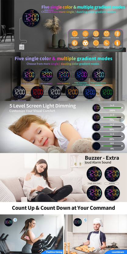 A Large 10-Inch Digital Wall Clock Featuring 8 RGB Colors, Remote Control, Temperature Display, Date, Automatic Daylight Saving Time Adjustment, Night Light, Auto Brightness Dimmer
