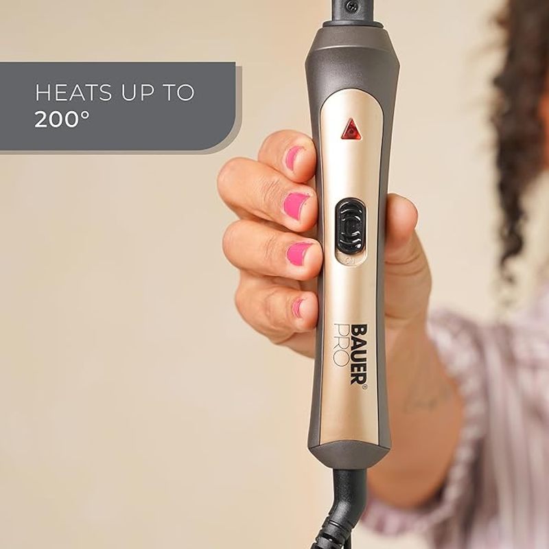Bauer Professional TourmaPro Slimline Curling Wand/Ultra Slim 9mm Barrel / 200° Heat, 360° Swivel Cord and Cool Touch Tip/Grey & Gold