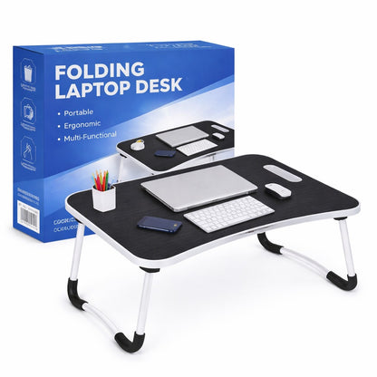 Foldable Laptop Bed Table with Cup Holder & Phone Slot - Portable Non-Slip Lap Desk for Bed Sofa & Home Office Lightweight Breakfast Tray