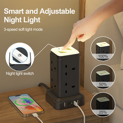 Upgraded New Product Tower Extension with USB Slots 3.02m, 20W Fast Charger with Night Light, (13A 3250W)5 USB Ports & 8 Way, Surge Protected Extension with 4 Independent Switch, Extension Cable for Home Office for Business for Factory