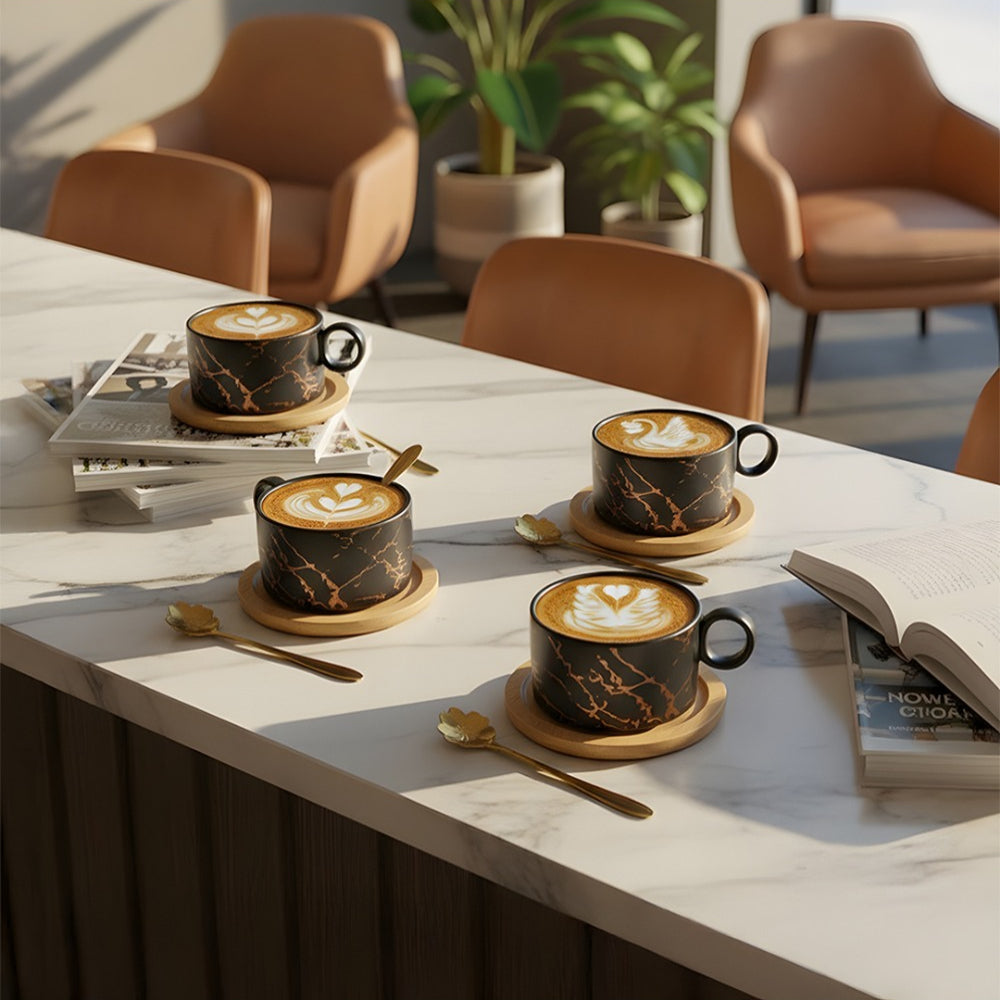 Black Ceramic Coffee Mug Cup Set, Including Four 180ml Cups, Saucers, Spoons, Metal Storage Rack, Stackable Cups and Saucers, Espresso Cups, Holiday and Birthday Gift Set