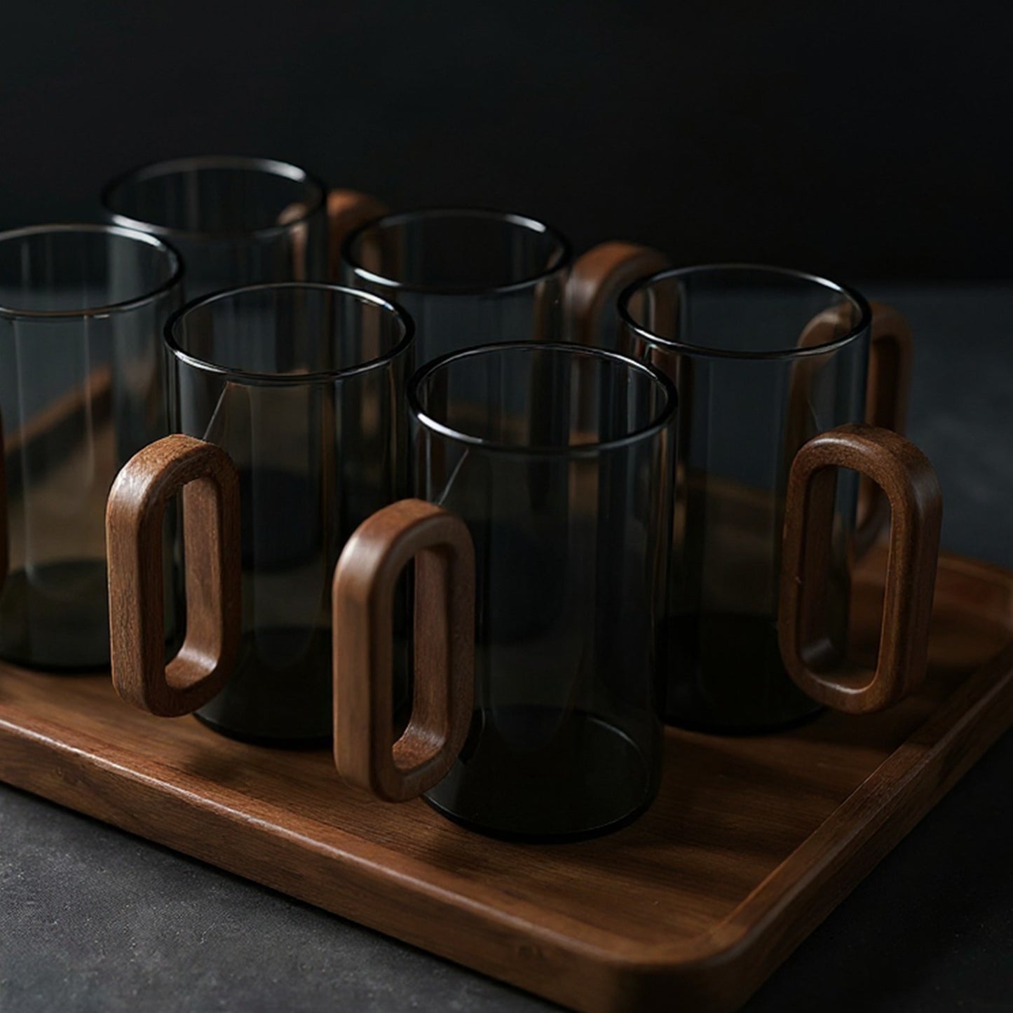 6pcs Glass Water Cups with Wooden Handle, 360mL Smoky Blue Drinking Glasses for Tea, Coffee & Cold Beverages, Modern Household Living Room Cups