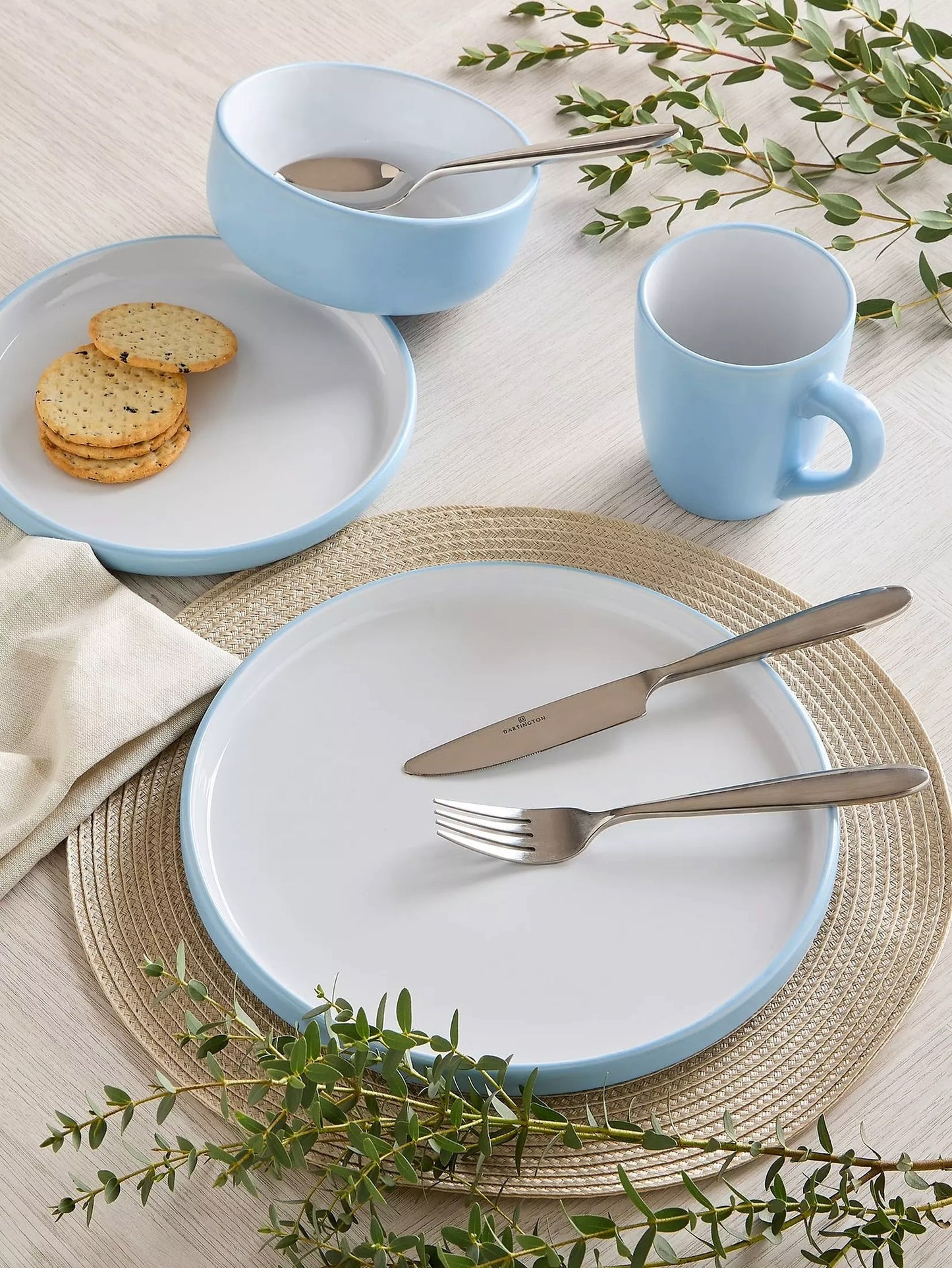 *** NEW *** Waterside 16pcs Pastel 2tone Blue Stoneware Dinner Set; 4 Dinner Plates, side Plates, Deep Bowls and Mugs