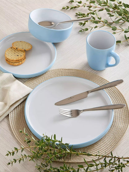 *** NEW *** Waterside 16pcs Pastel 2tone Blue Stoneware Dinner Set; 4 Dinner Plates, side Plates, Deep Bowls and Mugs