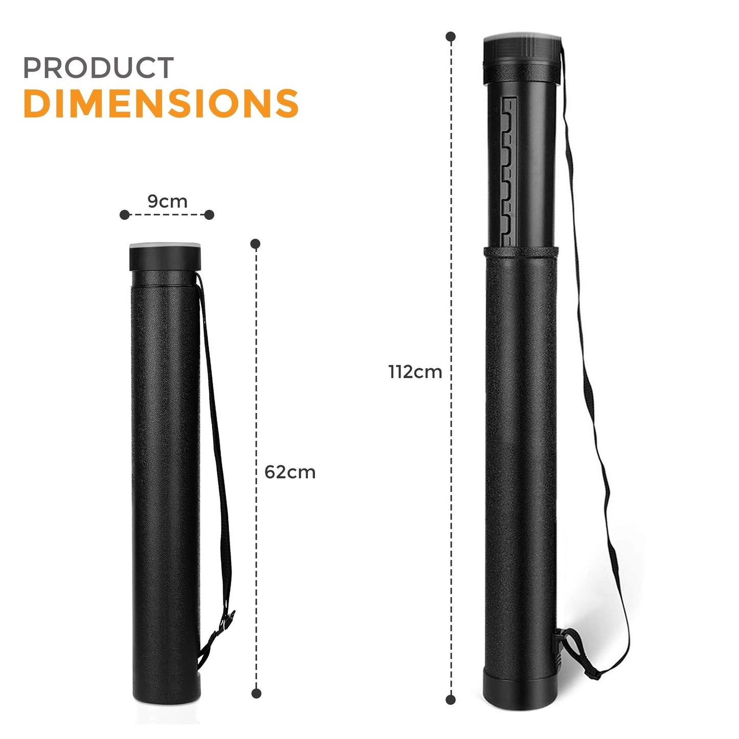 Adjustable Artist Drawing Tube, Telescopic Compact Teletube Storage Carrying Tube for Artworks, Drawing, Flip Chart, Arrow Tubes with a Carry Strap, Black (Small - 112 x 9 cm)