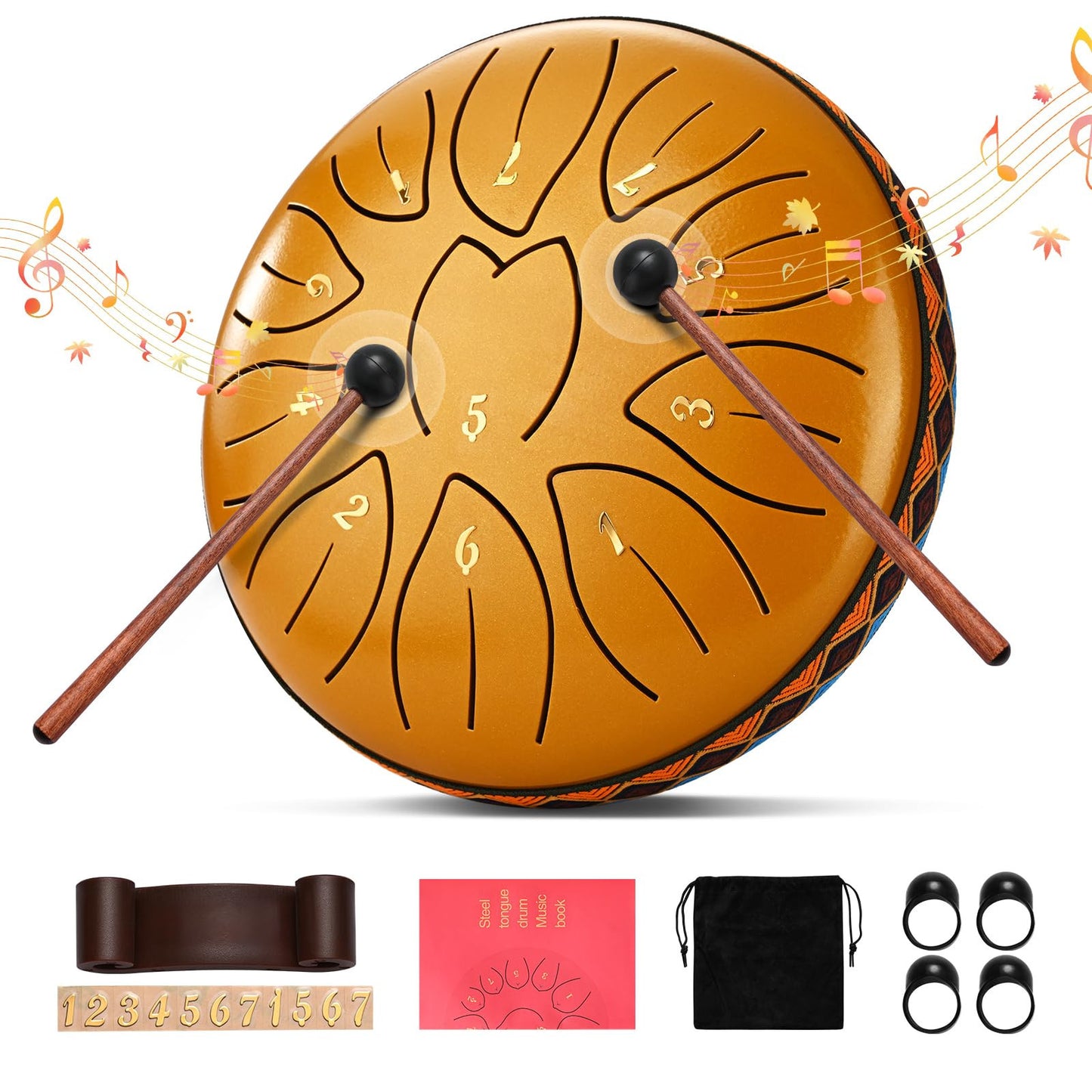 Steel Tongue Drum, 6 Inch 11 Notes, C Key & Rust-Proof Tongue Drum Percussion, Leaf Pattern Handpan Outside with Bag and Percussion Instruments for Meditation, Music Therapy