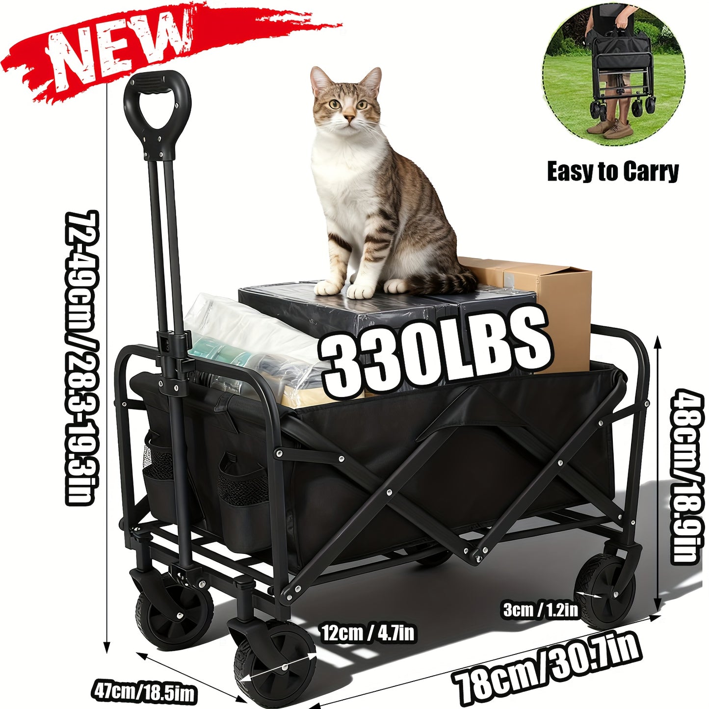 1pc Large Capacity Campervan for 149.69KG with Drinks Pocket, Heavy Duty Utility Wagon, All Terrain Trolley for Groceries Outdoor Beach Gardening Shopping Pet Outings Fishing