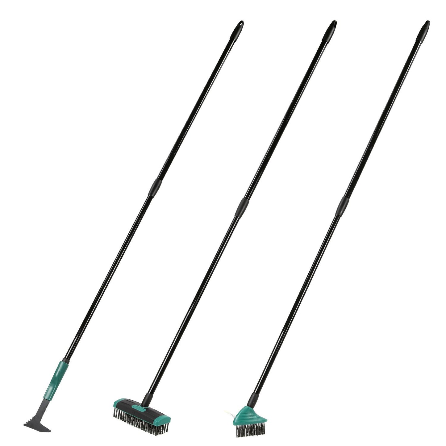 Taylor & Brown 4 in 1 Telescopic Weed Remover Brush Wire Head Paving Decking Clean Scrub Moss Weed Remover Tool Wire Brush Scraper Set with Metal Broom & Weed Removal Head Green
