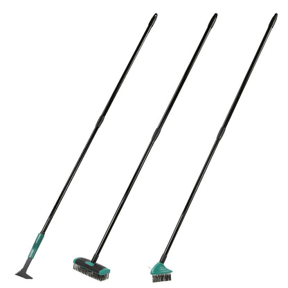 Taylor & Brown 4 in 1 Telescopic Weed Remover Brush Wire Head Paving Decking Clean Scrub Moss Weed Remover Tool Wire Brush Scraper Set with Metal Broom & Weed Removal Head Green