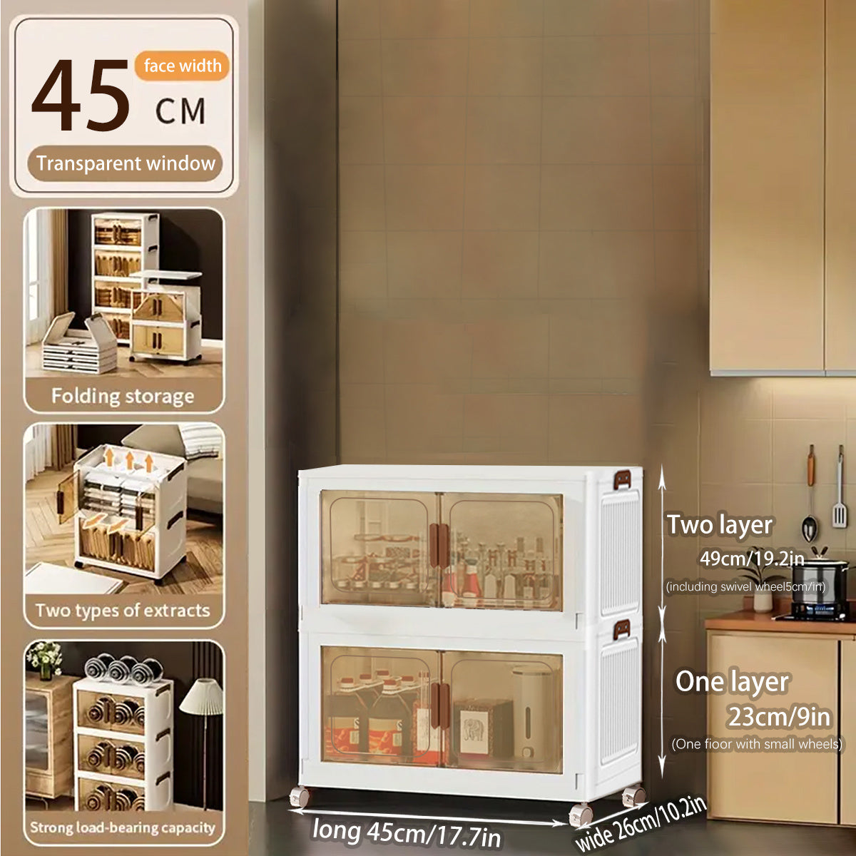 45Cm/50Cm Small Foldable Storage Cabinet, Small Capacity Entryway Storage Cabinet, with Wheels And Lid - Foldable Stackable Plastic Box, Home Storage And Organization Tool Cabinet, Foldable Organizer Box, Suitable for Closet, Bedroom, Kitchen