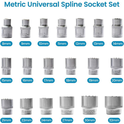 Spline Socket Set 19-Piece 1/2" Drive Metric 8-32mm Chrome Vanadium 12-Point CrV Socket Kit for Automotive & Mechanical Repair – Non-Slip Universal Wrench Set