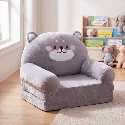 Cozy Kid Folding Sofa, Plush, Washable Lounge Chair for Playroom & Nursery, Gray Dog Style Foldable Wide Handle Soft Breathable Toddler Chair for Reading Relaxing Sleeping