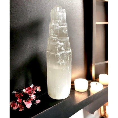 Selenite Mountain Pillars Handmade White Natural Raw Crystal Tower Healing Energy Mineral Meditation Charging Selenite Crystal Table Decorative Pillar Chakra Spiritual Gift Decorative