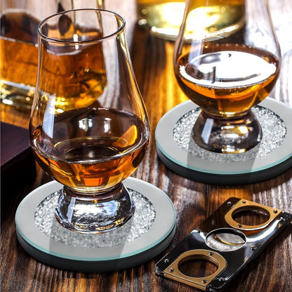 Serena's® Set of 4 Crystal Coasters – 10cm Glass Mirrored Drink Coasters with Glitter Crushed Diamond Design – Elegant Coasters for Home, Kitchen, Bar, or Table Decoration