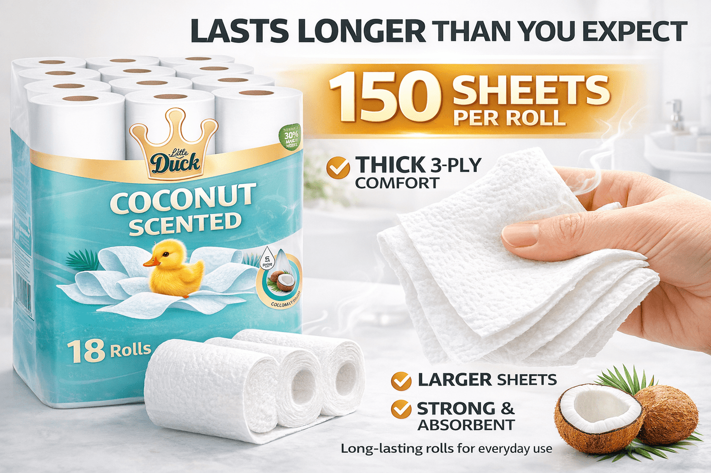 18 Rolls Toilet Paper – Coconut Scented Bulk Pack – Soft & Strong 3 Ply – Fresh & Long Lasting