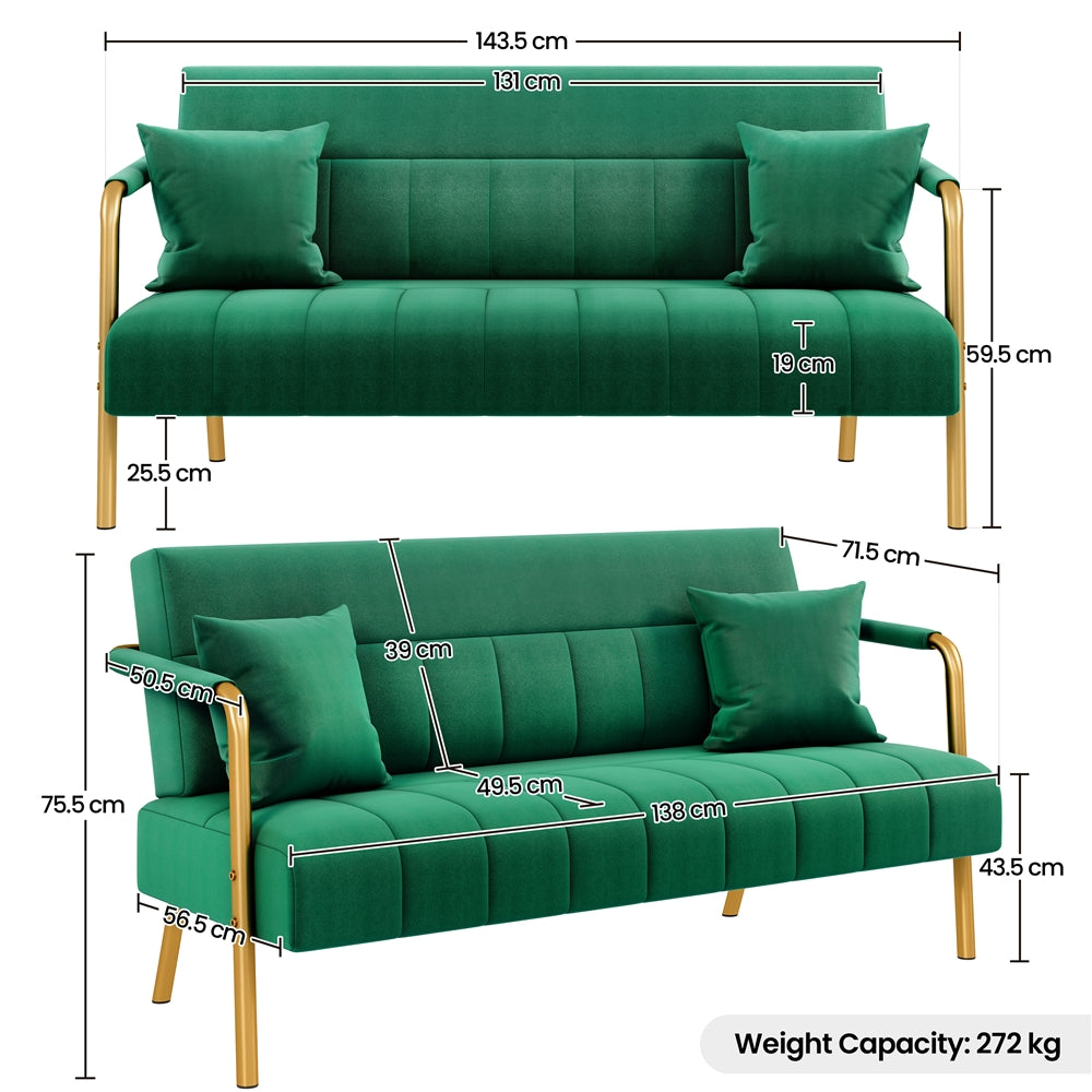 Costoffs Sofa Couch Modern Velvet Sofa Couch, 143cm Small Loveseat with Gold-tone Metal Arms & Legs, Upholstered Design, Includes 2 Pillows, Ideal for Bedroom, Home Office, Studio, Small Spaces, Light Grey/Green/Beige/Black/Pink