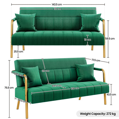 Costoffs Sofa Couch Modern Velvet Sofa Couch, 143cm Small Loveseat with Gold-tone Metal Arms & Legs, Upholstered Design, Includes 2 Pillows, Ideal for Bedroom, Home Office, Studio, Small Spaces, Light Grey/Green/Beige/Black/Pink